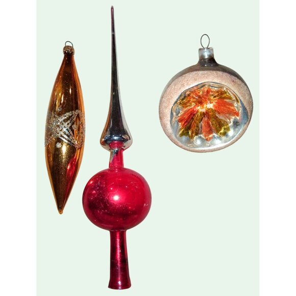 Vintage Christmas Tree Ornament Set Glass Reflective Hand Decorated Holiday Deco - Picture 1 of 11